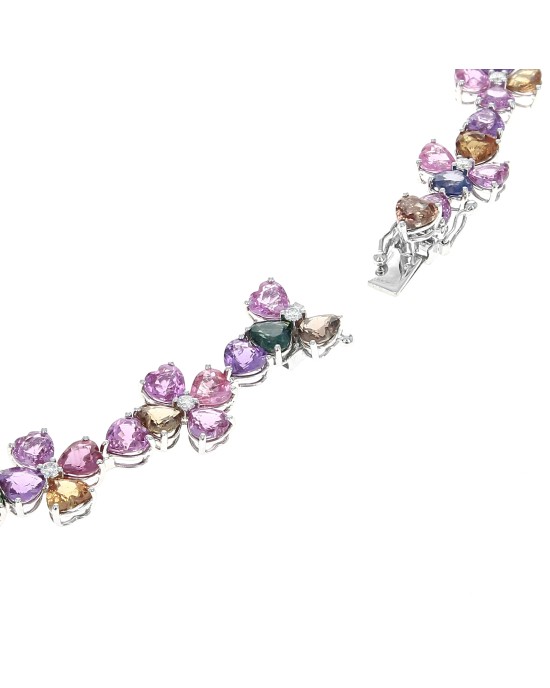 Multi Color Sapphire and Diamond Flower Link Station Necklace in White Gold